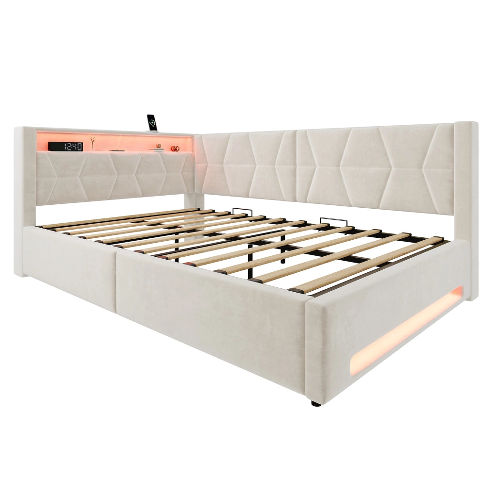 Letto Contenitore 140x200 cm con USB; Type-C e LED; in Velluto Beige
