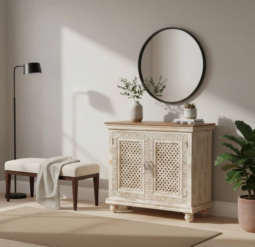 Tavolino da ingresso artigianale in legno bianco 104x43x93h cm