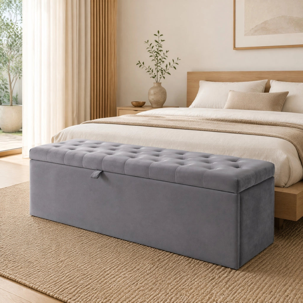 Panca contenitore in velluto grigio 138 x 41 x 42 cm; ottomana con seduta imbottita