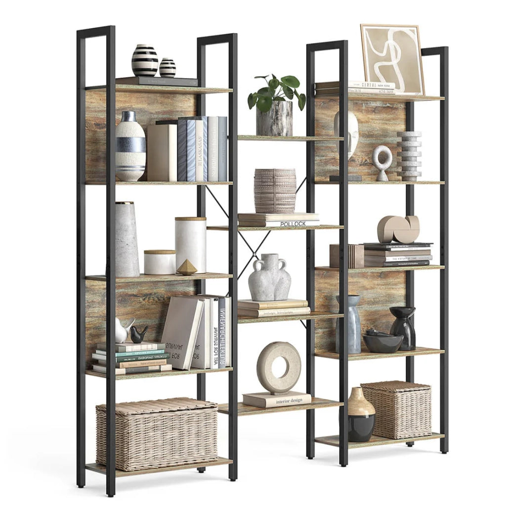 Libreria/mobile contenitore in stile industriale con struttura in metallo e 14 scomparti adatta per soggiorno o ufficio 158 x 24 x 166 cm marrone 12_0004257