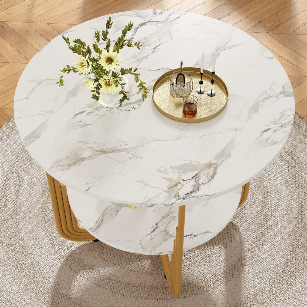 Tavolo da pranzo rotondo con piano in MDF effetto marmo, base dorata, per soggiorno e sala da pranzo, 80 × 80 × 76 cm
