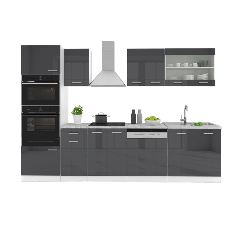 Vicco Cucina componibile Antracite lucido/bianco 300 cm con armadio alto, senza piano di lavoro