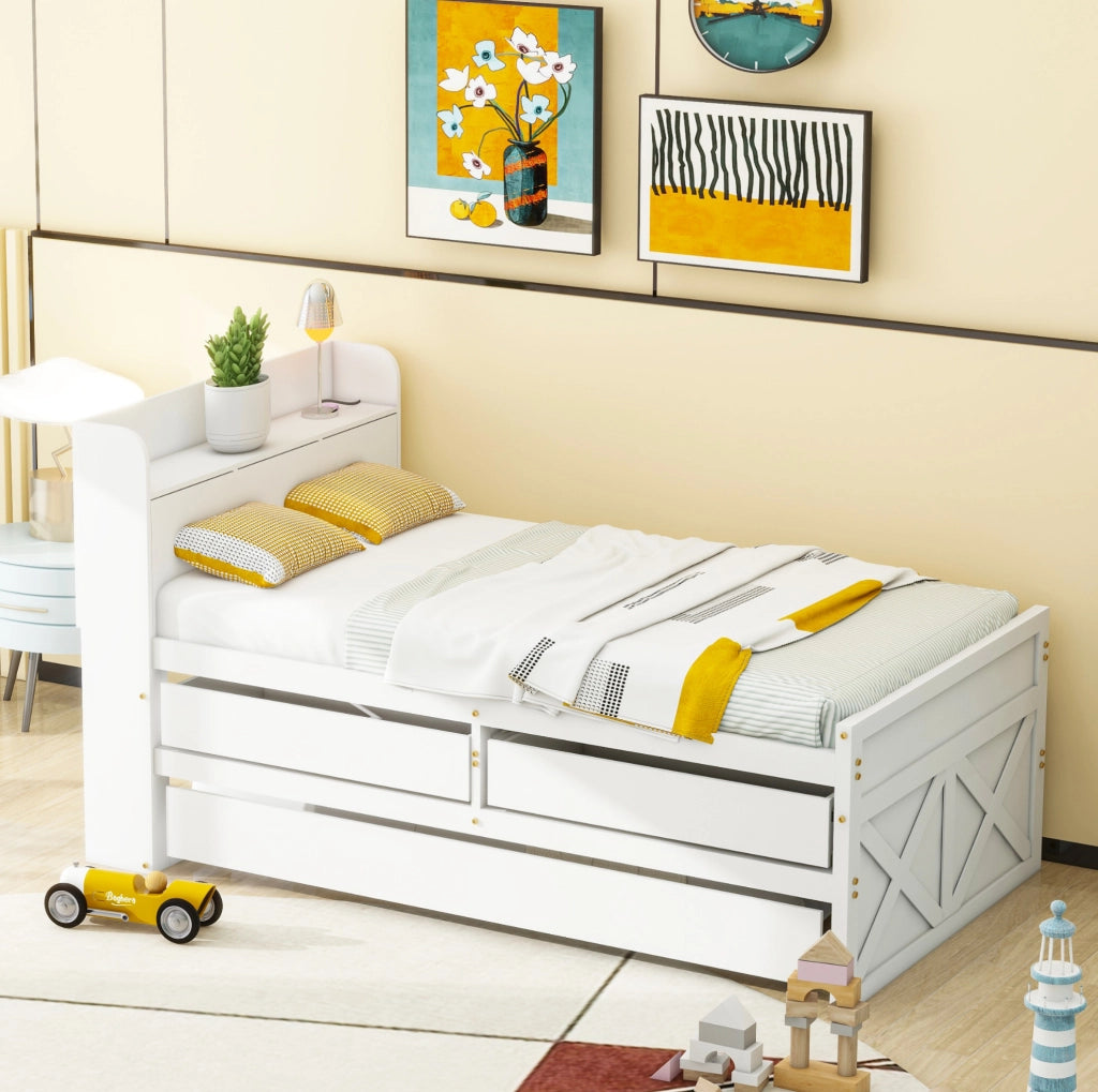 Letto in legno 90x190 cm con letto estraibile; 2 cassetti; USB e vano contenitore
