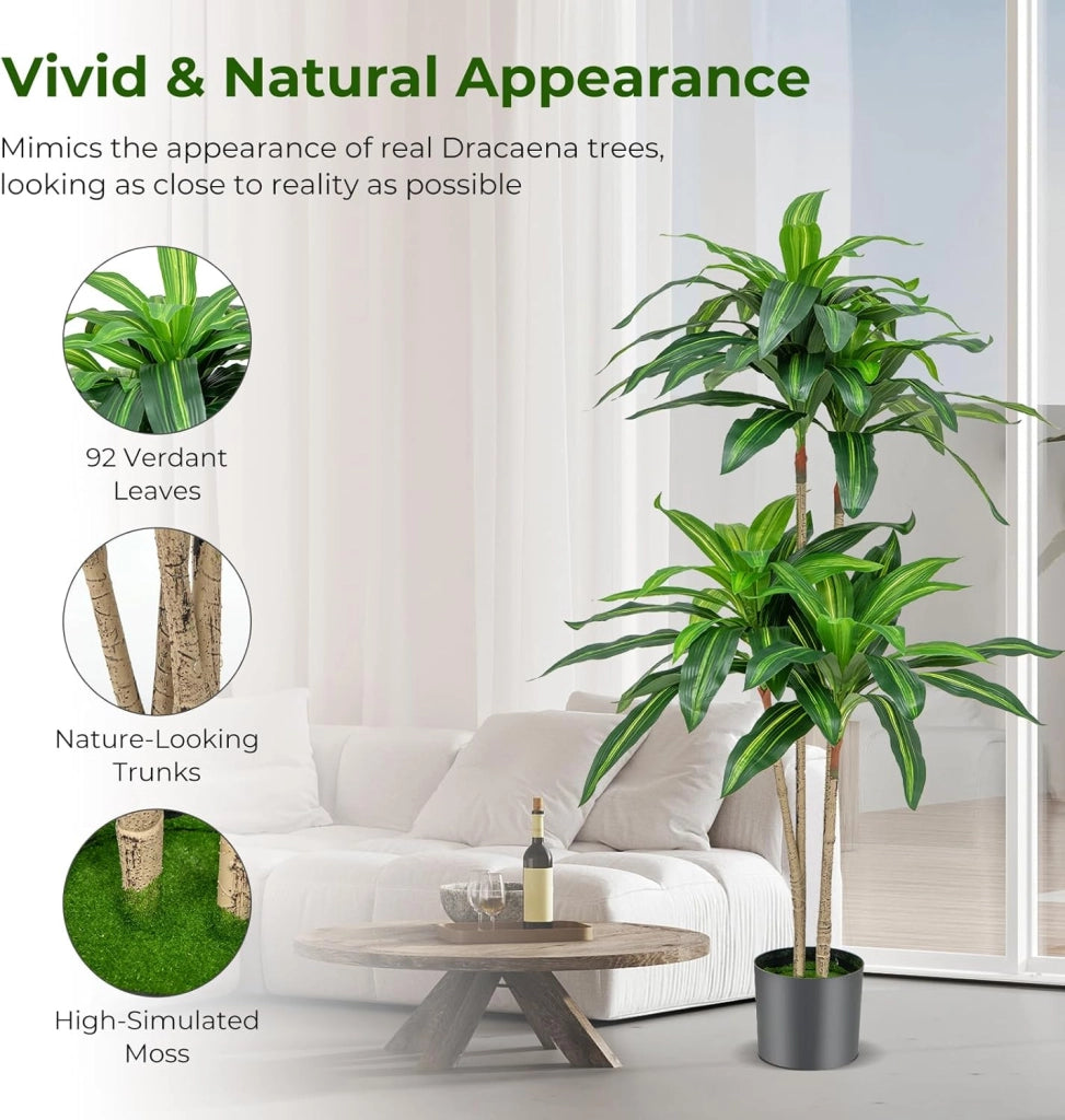 Pianta artificiale in vaso 140 cm di altezza, pianta finta decorativa in 92 foglie con vaso riempito di cemento, albero artificiale in aspetto realistico con 4 rami, per soggiorno, ufficio