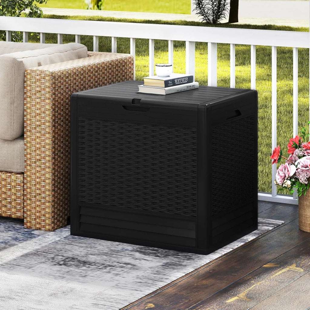 Contenitore da 96L, Scatola da Terrazza in PP Impermeabile per Uso Interno ed Esterno, Contenitore con Design in Rattan Chiudibile a Chiave per Consegna Pacchi (Nero)