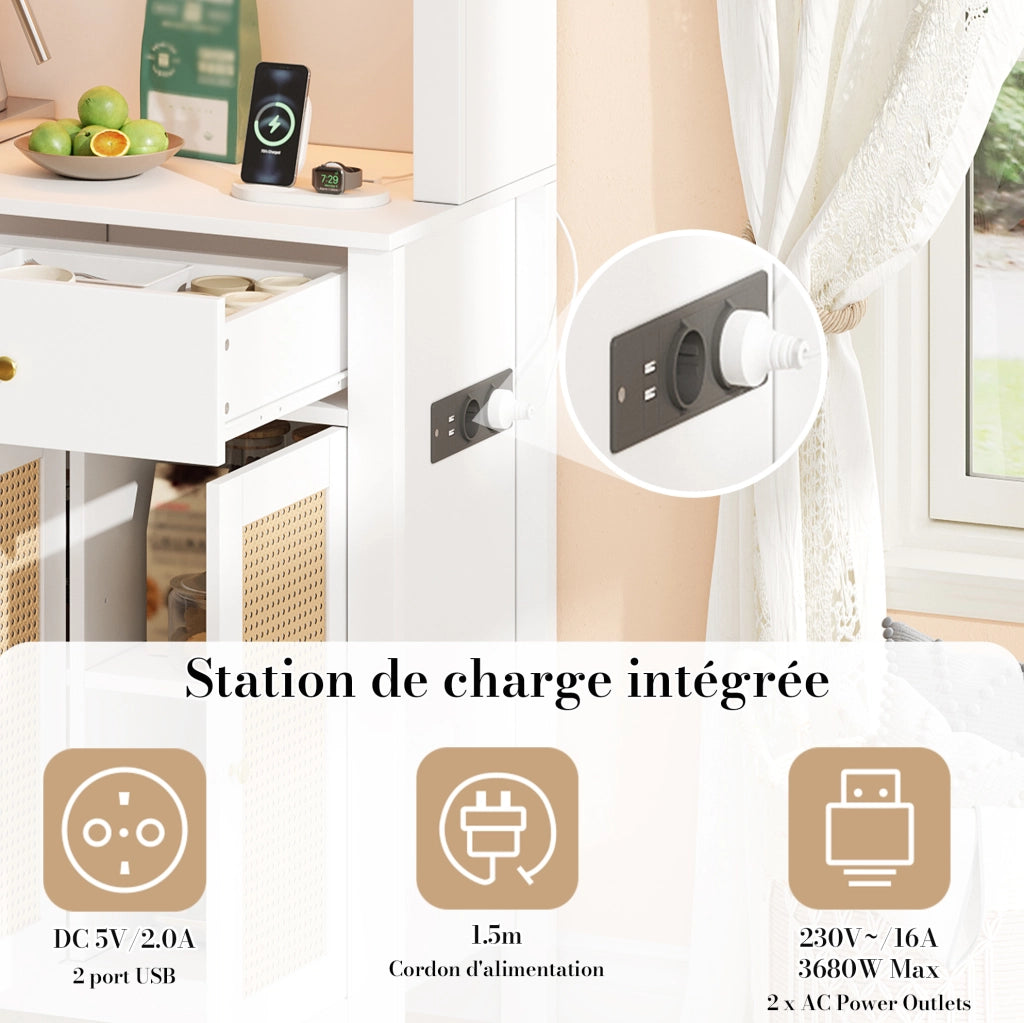 Mobile cucina alto 100x40x180 cm in MDF bianco con LED RGB; prese e cassetti