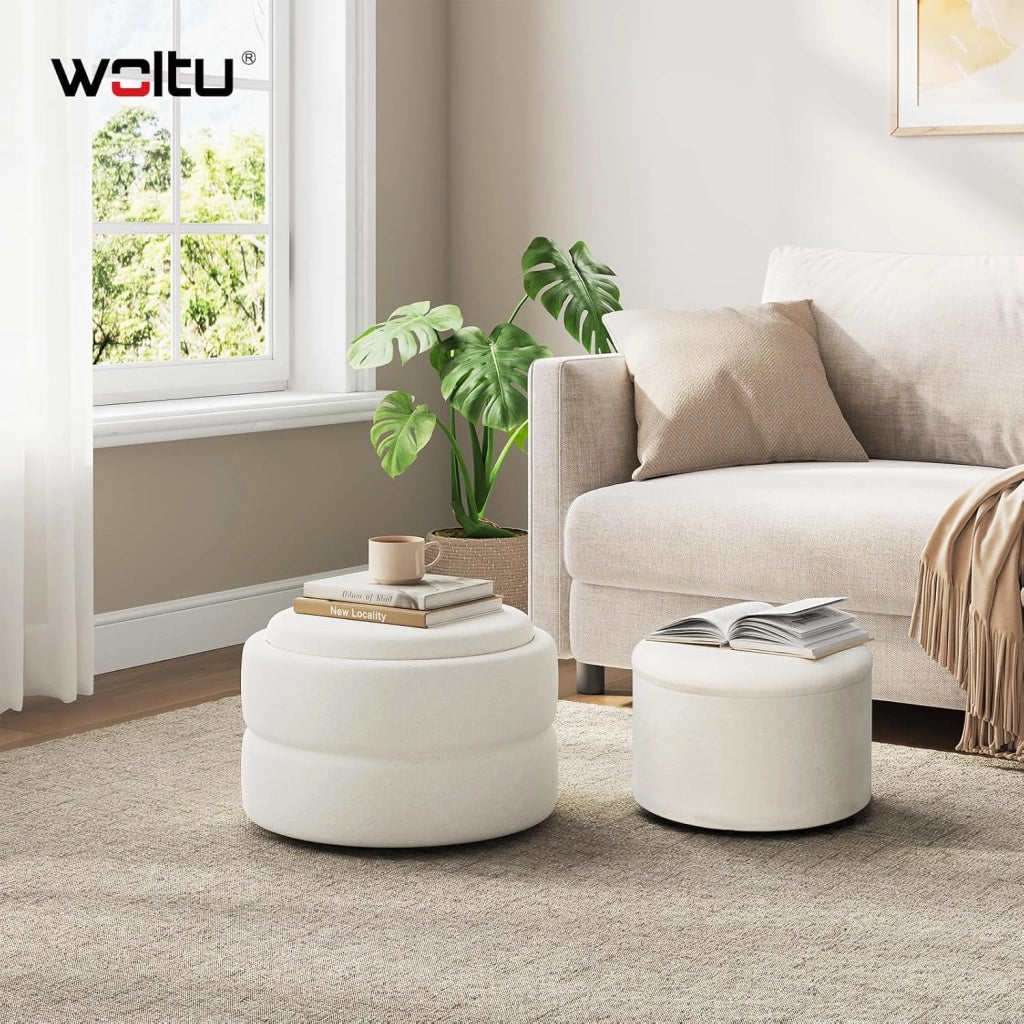 Set di 2 Pouf Contenitore 3-in-1, Pouf Poggiapiedi Rotondi Impilabili con Coperchio Removibile, in Velluto a Nuvola, per Camera da Letto, Soggiorno, Corridoio, Bianco