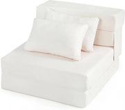 Divano Letto 2 Posti Pieghevole, 3 in 1 Divanetto Trasformabile con 2 Cuscini, Schiuma ad Alta Densità e Rivestimento in Tessuto Chenille, Poltrona Letto per Soggiorno (Beige,72 x 76 x 58 cm)