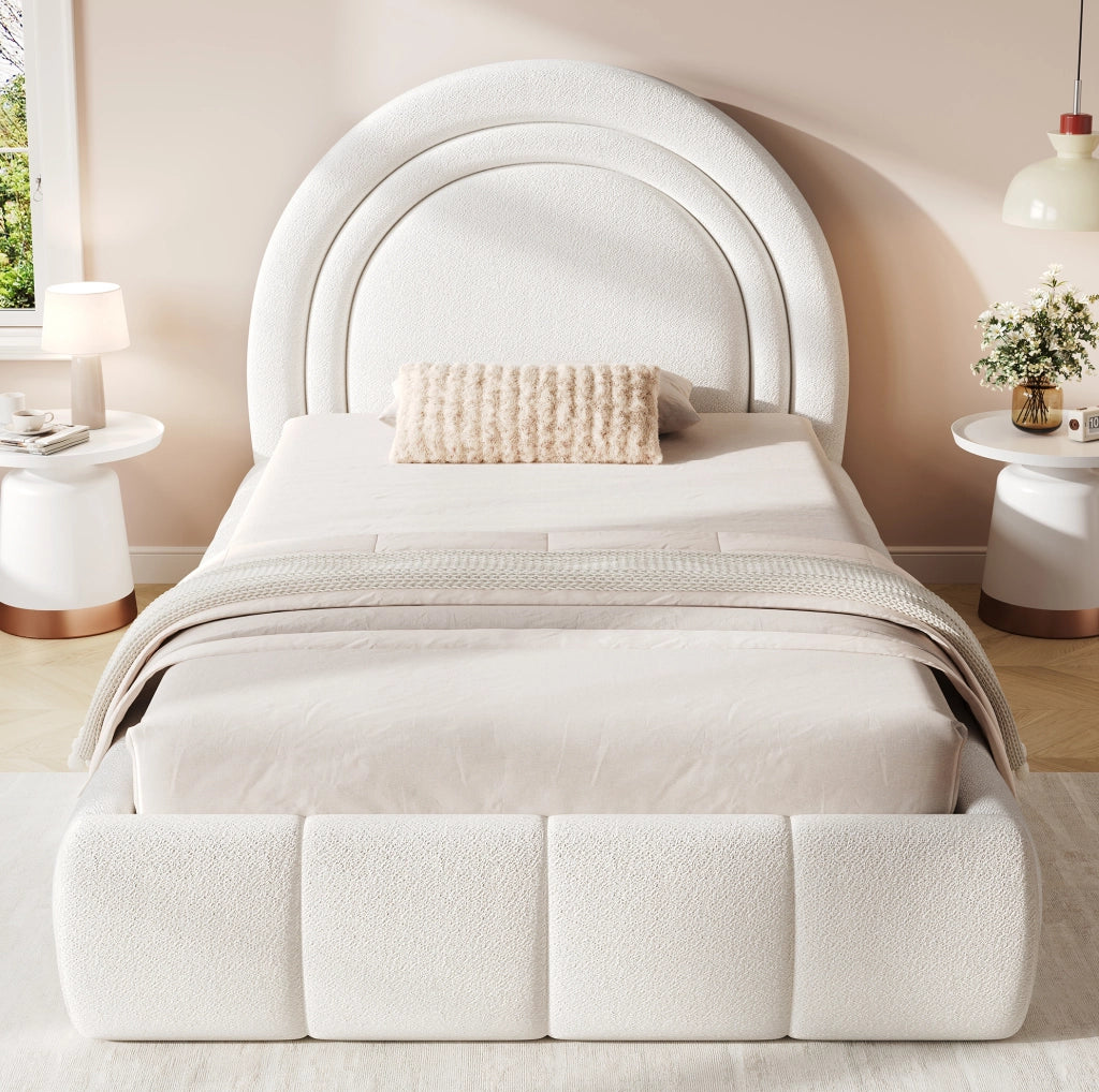 Letto singolo per bambini 90x200 cm con contenitore idraulico e rete; tessuto bouclé beige