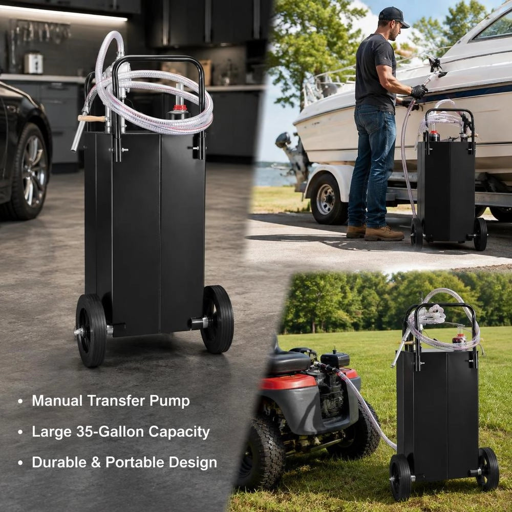 Fuel Trolley 35 Gallon Gas Fuel Tank Container 106 X 53 X 53 Cm With Manual Transfer Pump, Gasoline/diesel Fuel Tank For Cars, Lawnmowers, ATVs, Boats, Black
