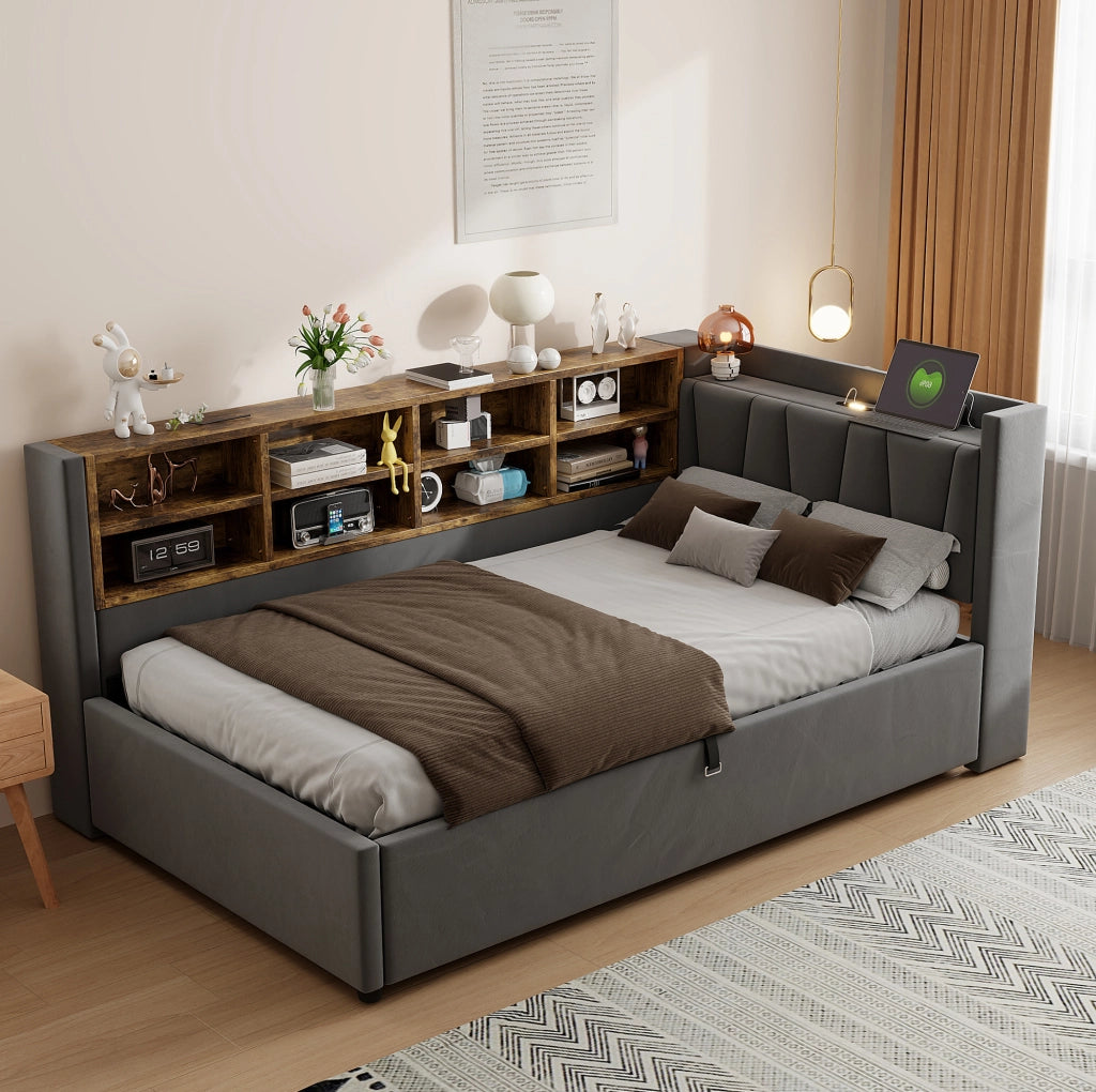 Letto imbottito 90x200 cm; testiera multifunzione con luce e porte USB e Type C; velluto; grigio