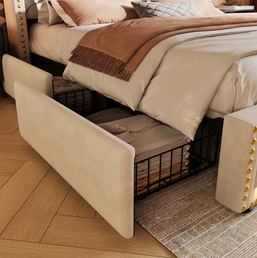 Letto matrimoniale 160x200 in velluto con LED, USB-C e 4 cassetti