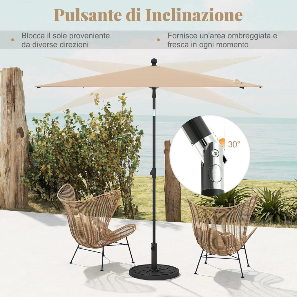 Ombrellone per Patio 213 X 140 cm, Ombrellone Rettangolare da Esterno con Inclinazione Regolabile, Borsa di Trasporto, Parasole Pieghevole per Veranda, Giardino, Piscina, Spiaggia (Beige)