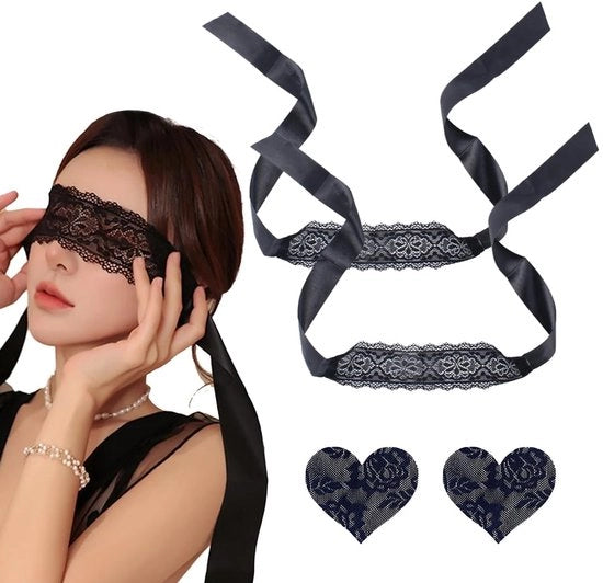 Occhiali da protezione per gli occhi 2 in 1, maschera da sonno, maschera da teatro, coppia di patch per seno a forma di cuore con bordi neri.