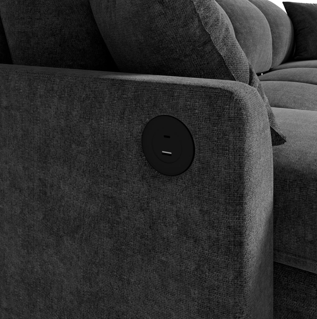 Divano letto a U in chenille con contenitore; USB e Type-C; grigio scuro; 260x128x82 cm