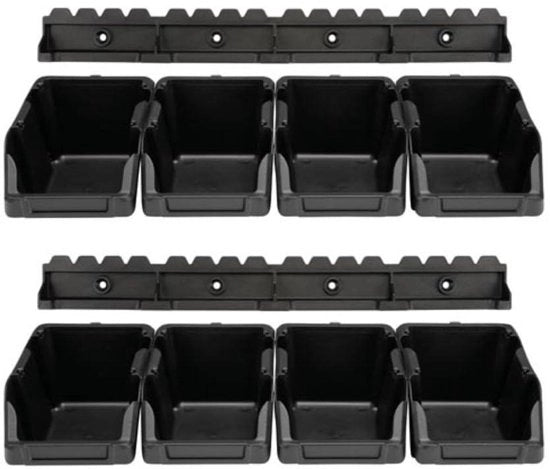 8 pezzi di contenitore a pile con 2 supporti per parete - Pileggiabile - Plastica - 103 x 165 x 75 mm - Nero