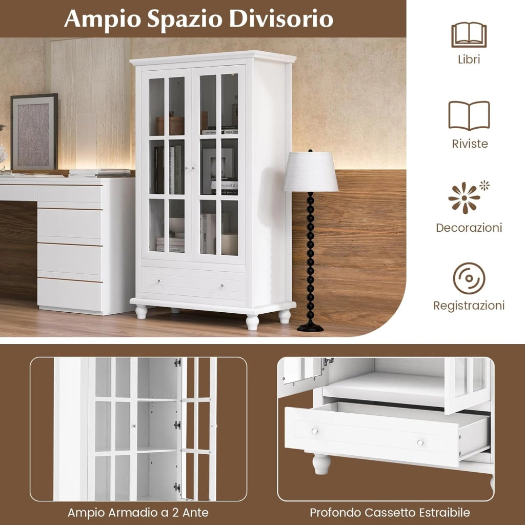 Mobile Libreria, Vetrinetta Espositiva Alta con Ante in Vetro Temperato, Libreria Verticale in legno con Ripiani Regolabili e Cassetto, per Soggiorno, Camera da Letto, 80 x 40 x 139 cm