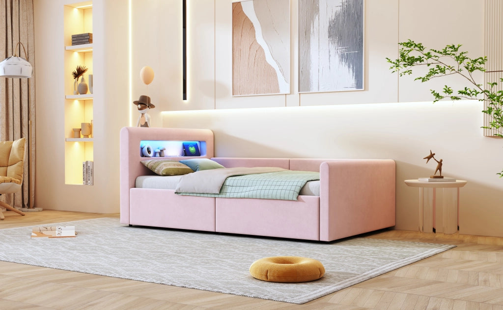 DESMIU Letto per Bambini 1 Posto con Contenitore Idraulico, USB, LED e Mensola 90 × 200 cm, Senza Materasso, Rosa