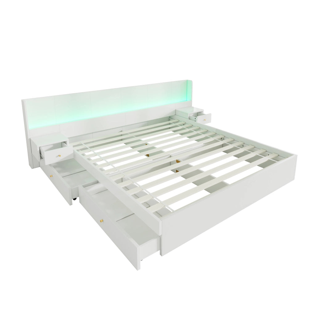 Letto Matrimoniale 180x200 cm; 2 Posti - USB; Presa; LED via app; 2 Cassetti - MDF - Bianco