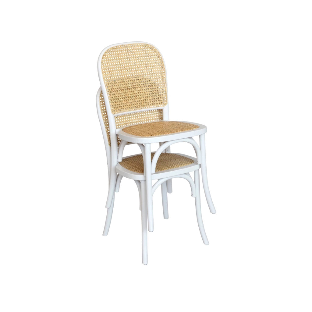 Set di 2 sedie vintage in legno e rattan, bianco