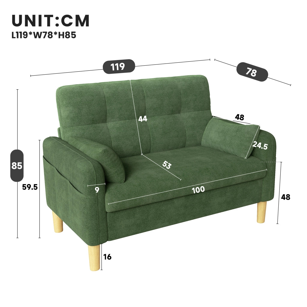 Divano a 2 posti in ciniglia con cuscini e tasca laterale, schienale alto e comfort per piccoli spazi, verde 119 × 78 × 85 cm