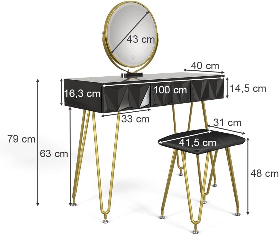 Vicco Tavolo da toeletta Ruby, Nero, 100 cm con specchio e sgabello a LED, Spazio per trucco, prodotti per capelli e cura sempre a portata di mano