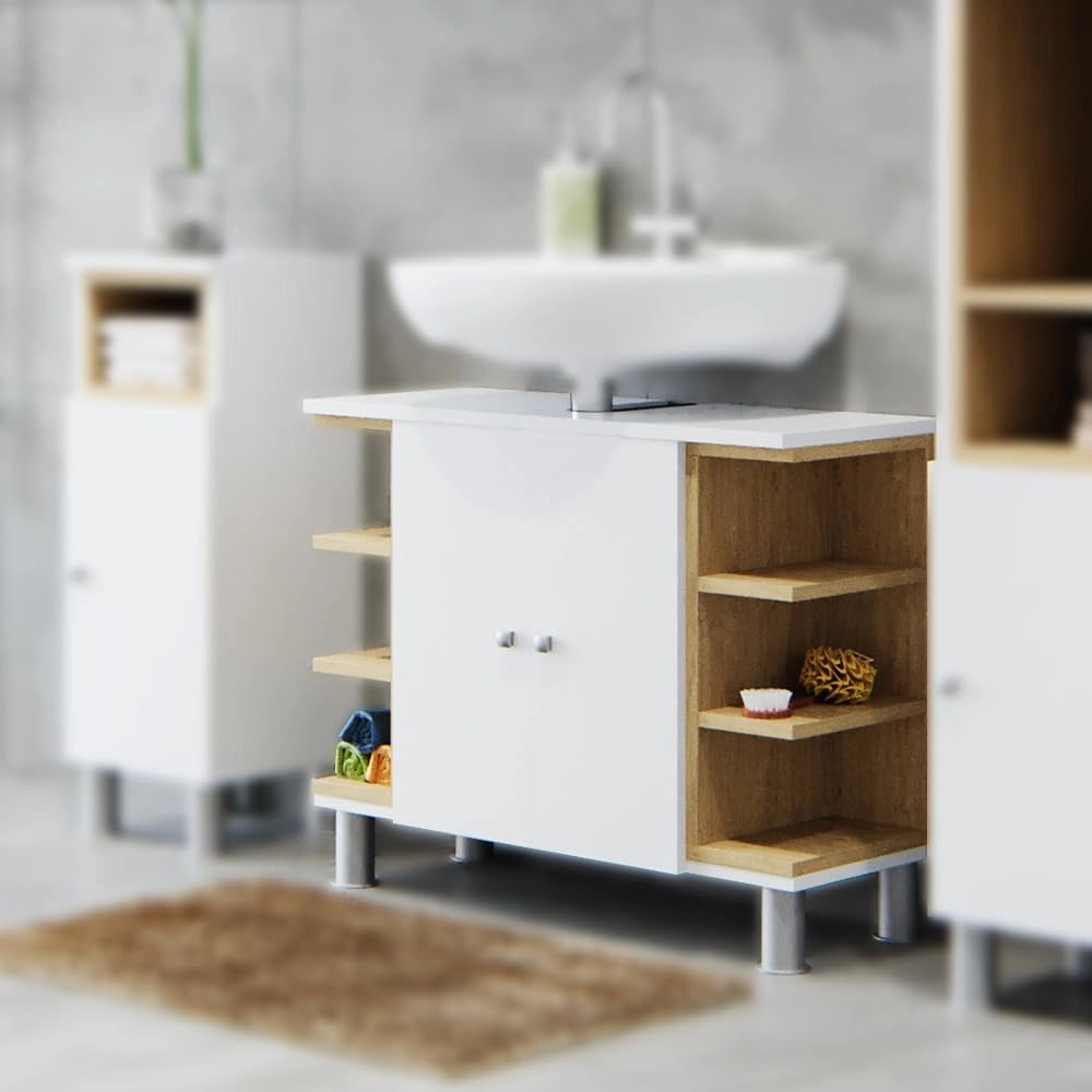 Mobile sottolavabo per bagno Aquis, Bianco, 79.6 x 64 cm, per la conservazione in bagno e combinabile con Aquis