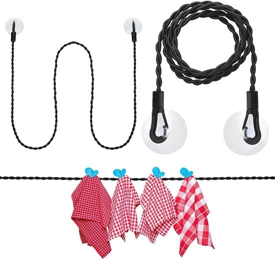 Racchetta di Lavanderia Riflettente Rettroversibile per Camping e Viaggio 1,5 m Cavo in Nylon con Clip per Linea per Abiti Indoor e Outdoor (Nero)