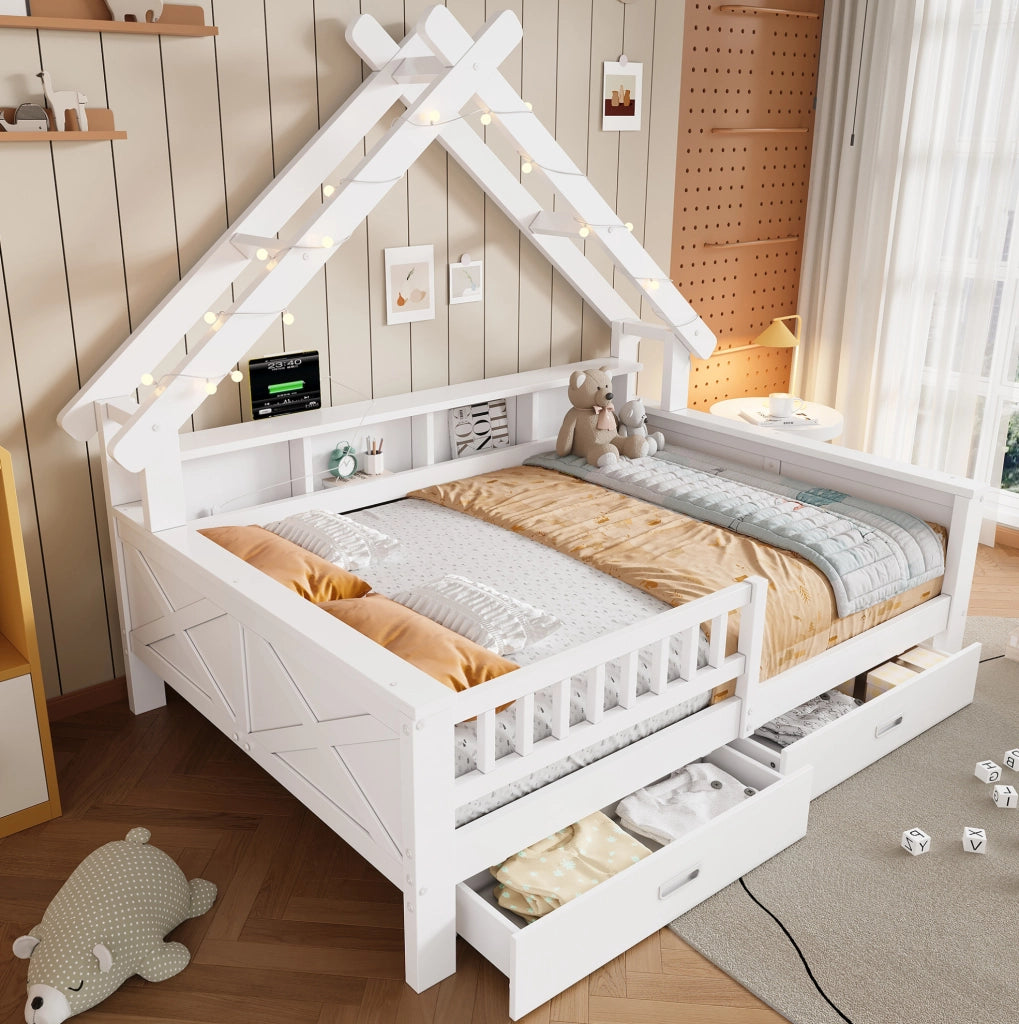 Letto a casetta con LED; 140x200 cm; con ripiani e 2 cassetti; in MDF e pino; bianco