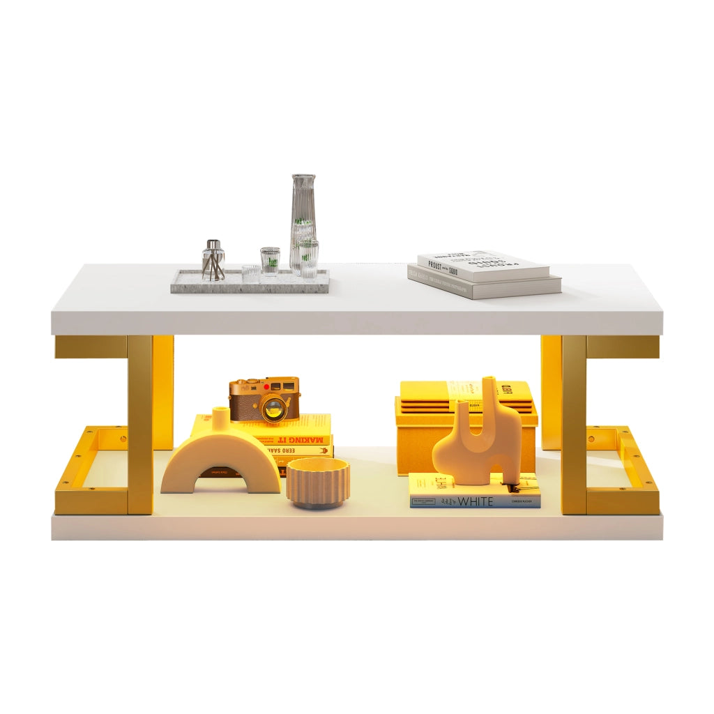Tavolino da caff¨¨ rettangolare 100 ¡Á 50 ¡Á 37,5 cm con illuminazione LED, struttura in MDF e metallo, colore bianco e oro