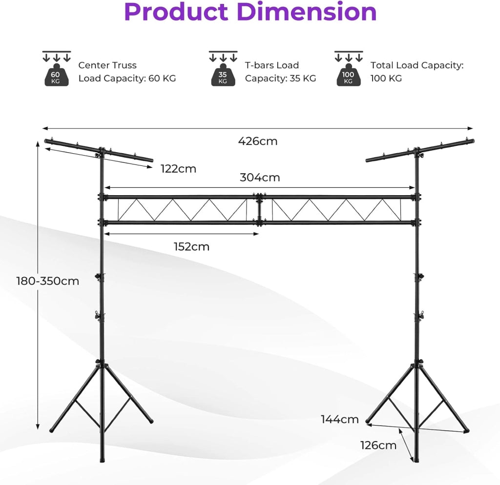 Stativo Luci, Supporto Luce per DJ Altezza Regolabile 180-360 CM, Stand Luci DJ in Metallo con 32 Punti di Fissaggio, per Illuminazione Fino a 100 KG
