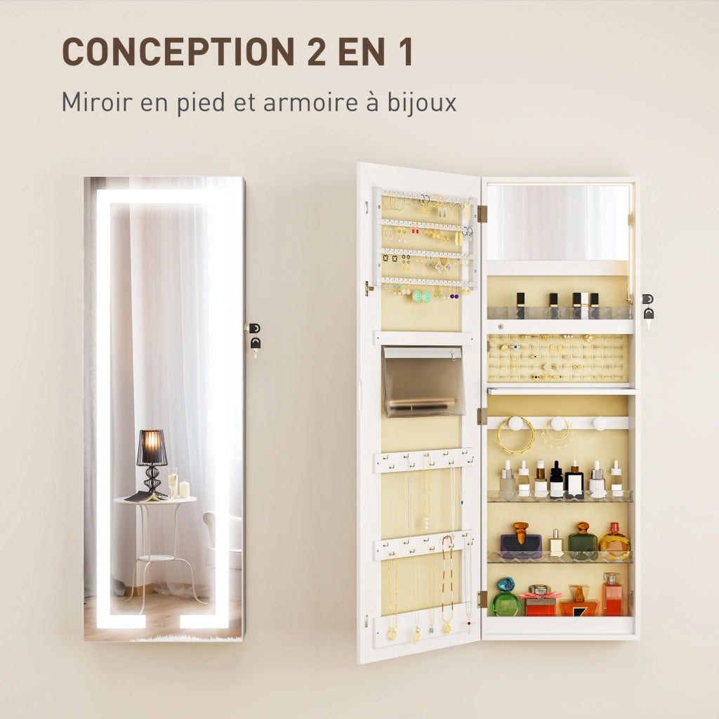 Armadio portagioie da parete con specchio e LED ¨C Xylo ¨C Bianco 37x10,5x108cm