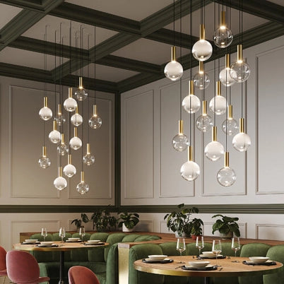 Zafferano Lampada a sospensione Sfera LED 8W 3000K Oro e Vetro Borosilicato Soffiato a bocca, Dimmerabile TRIAC, Altezza totale 328 cm, IP40