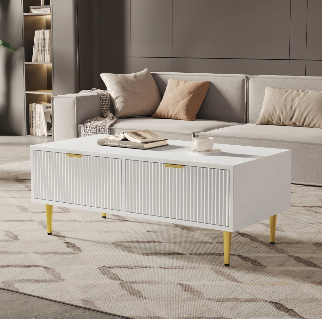 Tavolino da caff¨¨ 100x50x40 cm con 2 cassetti in MDF bianco e oro