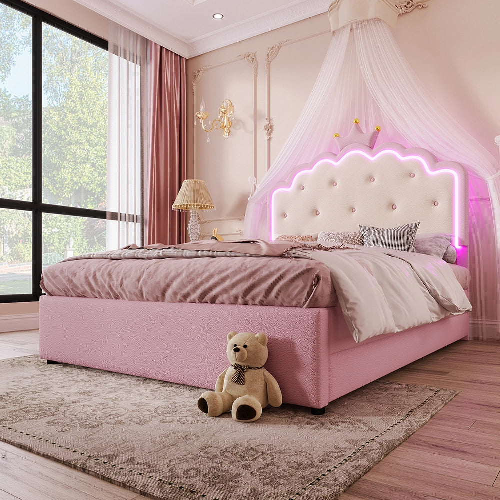 Letto imbottito principessa - Xylo - 140x200 cm - Rosa - Con 2 cassetti e illuminazione