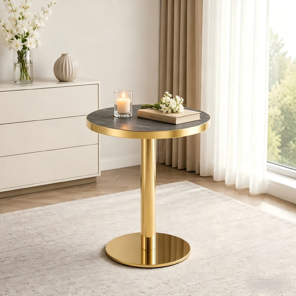 Tavolino Rotondo da Salotto con Piano Effetto Marmo ¨C MINIMAL ¨C Struttura in Acciaio Dorato