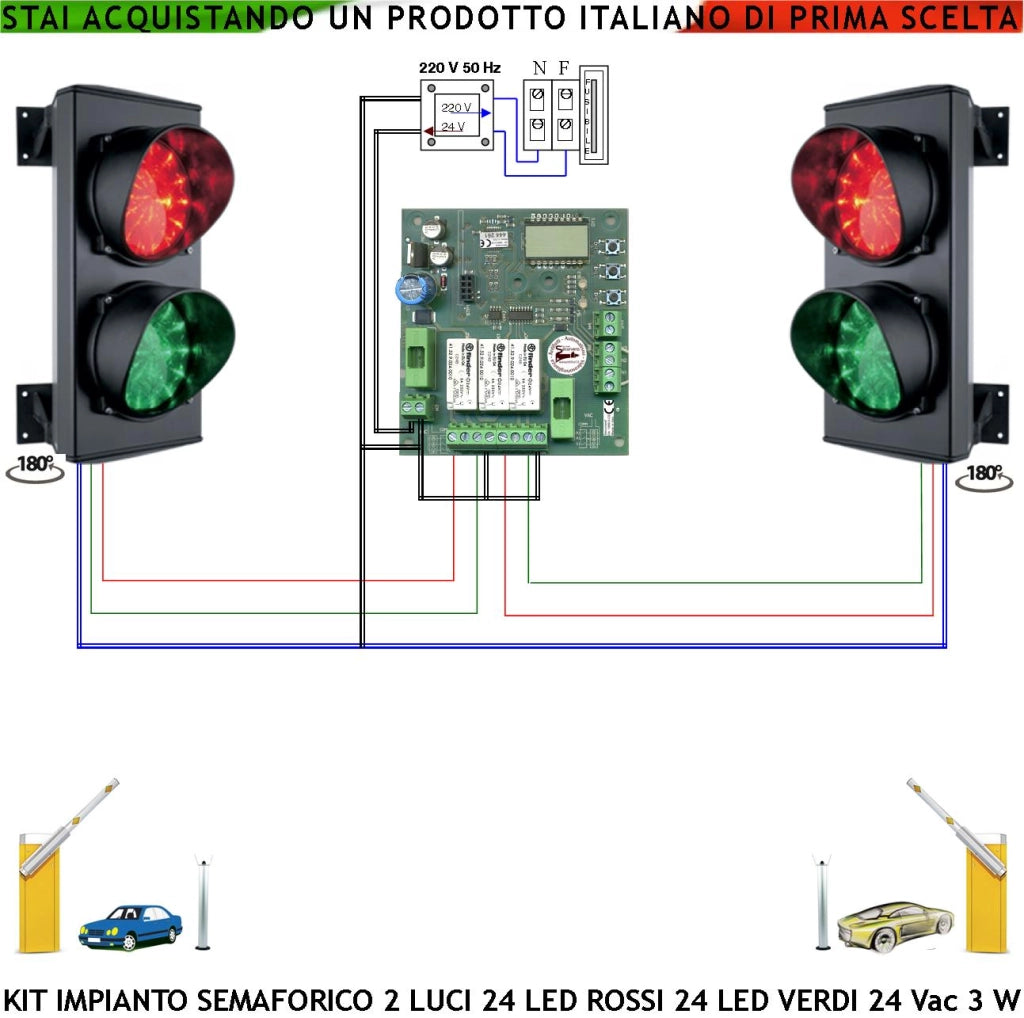 Kit 2 Semafori Orientabili IP65 2 Luci 24 Led Rossi e 24 Led Verdi Alimentazione 24 Vac 3W Centrale CE Funzioni Cicliche Tempo Regolabile da 8 a 120. Omologato Parcheggio Garage Transito Condominio
