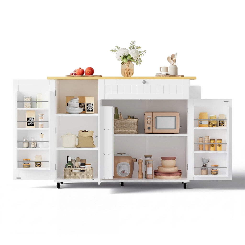 Isola cucina con piano ribaltabile, carrello con cassetto e spazio contenitivo, colore Natural e Bianco