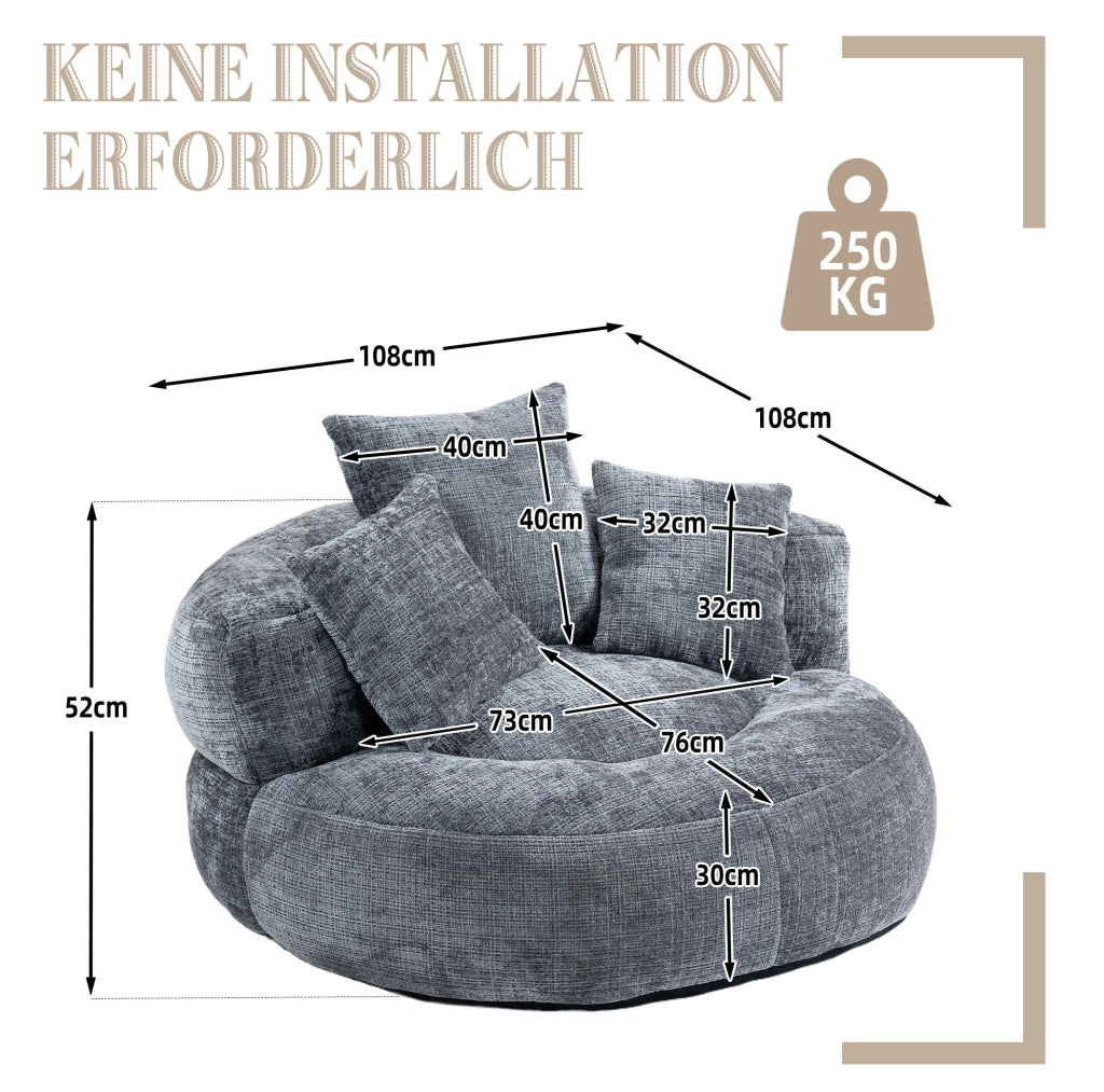 Poltrona sacco lazy sofa in ciniglia grigio 108x108x52 cm; seduta ampia