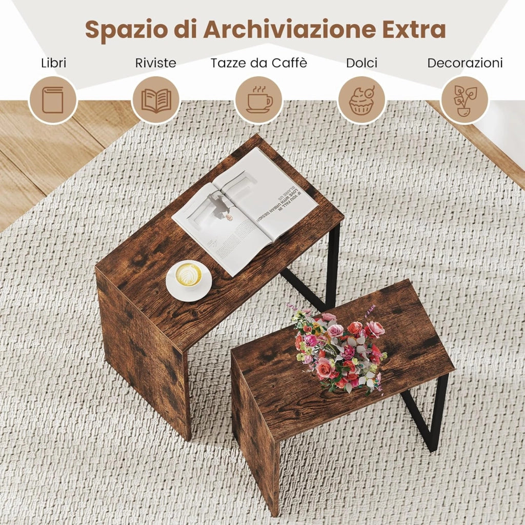 Set di 2 Tavolini da Caffè Impilabili, Tavoli Laterali per Divano con Piano in Finta Legno e Struttura in Metallo, Tavoli per Salotto, Studio e Camera da Letto, Marrone