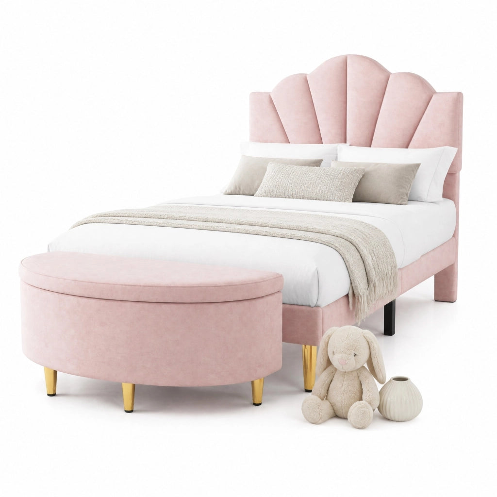 Letto imbottito in velluto rosa 90x200 cm con testiera regolabile, rete a doghe in legno e metallo, panca contenitore inclusa