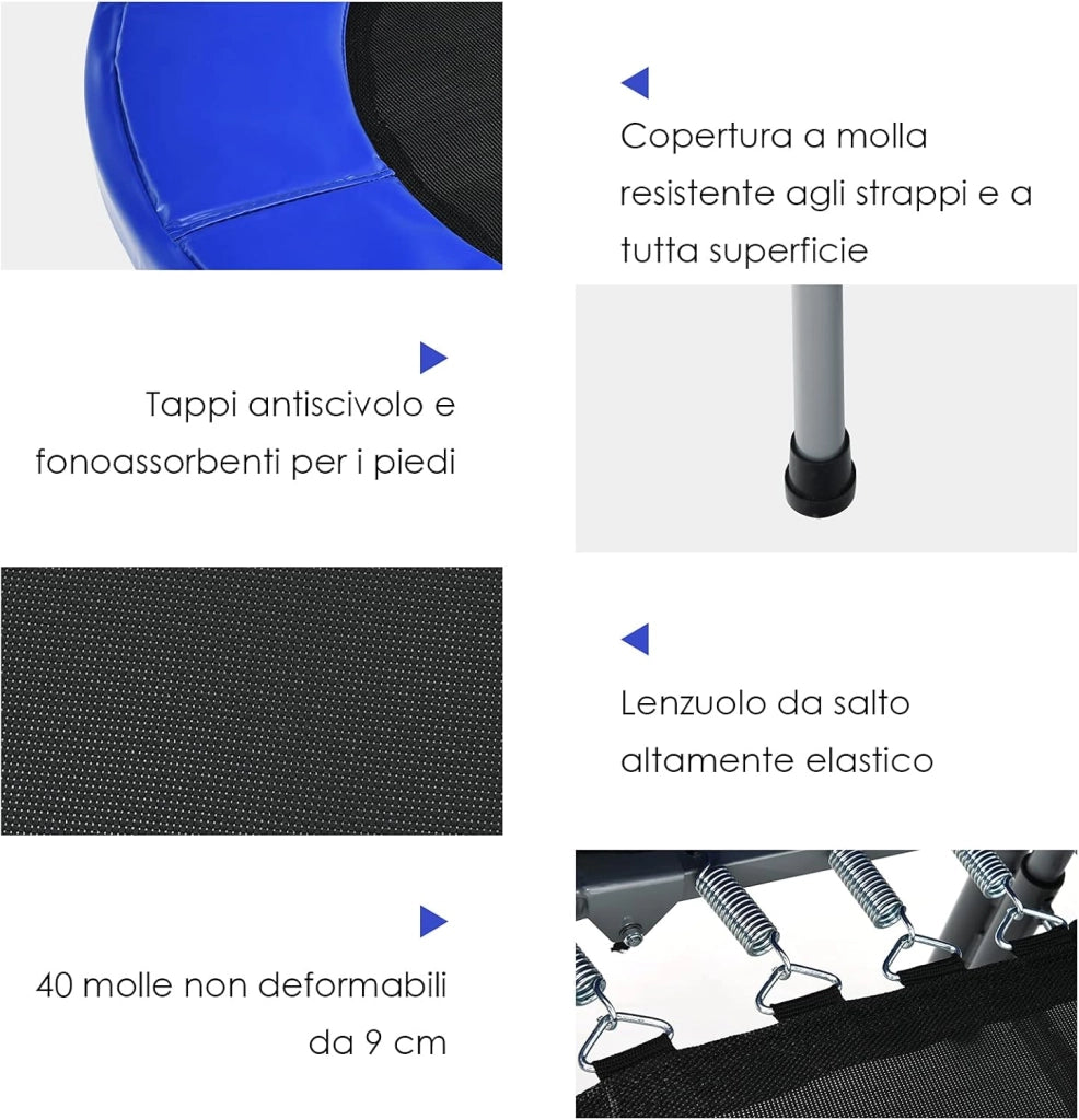 Trampolino Elastico da Interno ed Esterno, Tappetino Elastico Pieghevole per Adulti e Bambini con Maniglia Regolabile, Molle e Cuscinetto di Sicurezza, Trampolino Ovale per 2 Persone, Blu