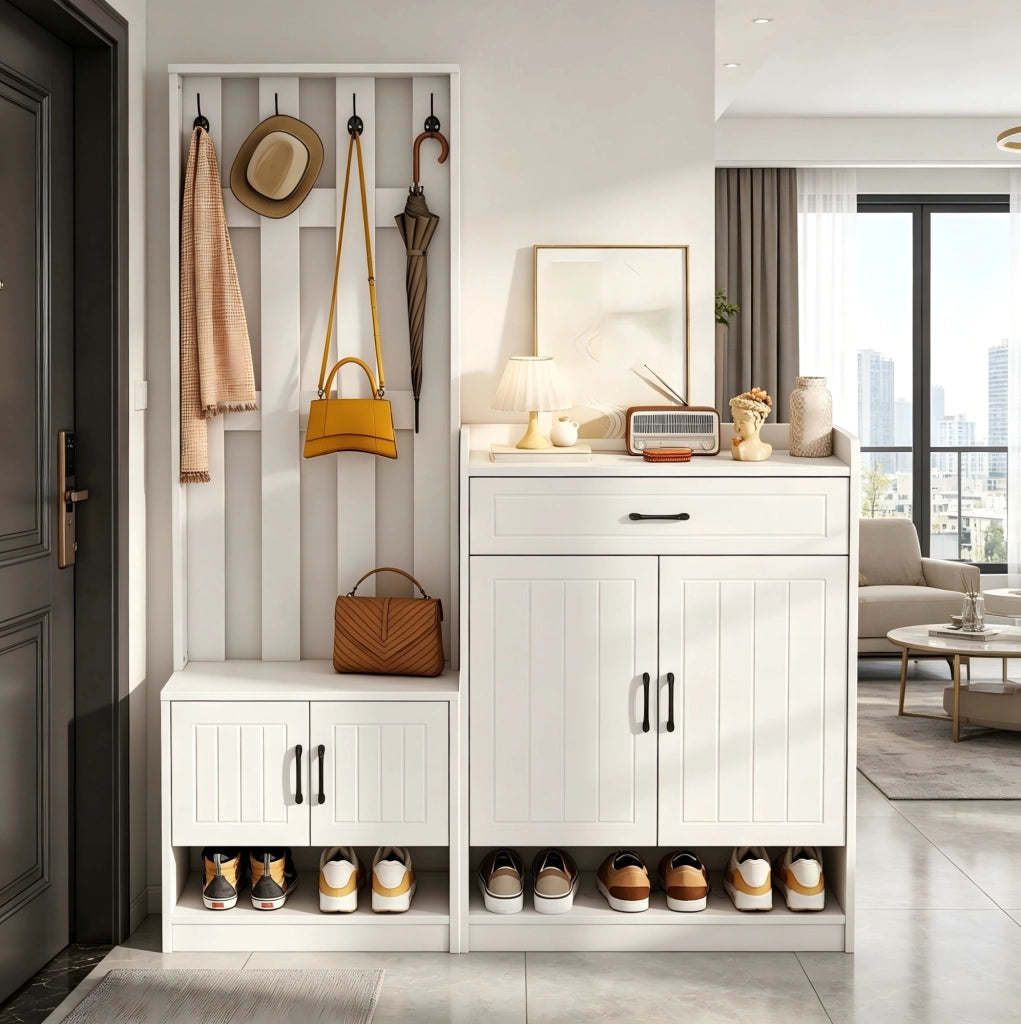 Set ingresso 3 in 1 con panca; pannello appendiabiti e scarpiera 140x32x180 cm; bianco in truciolare