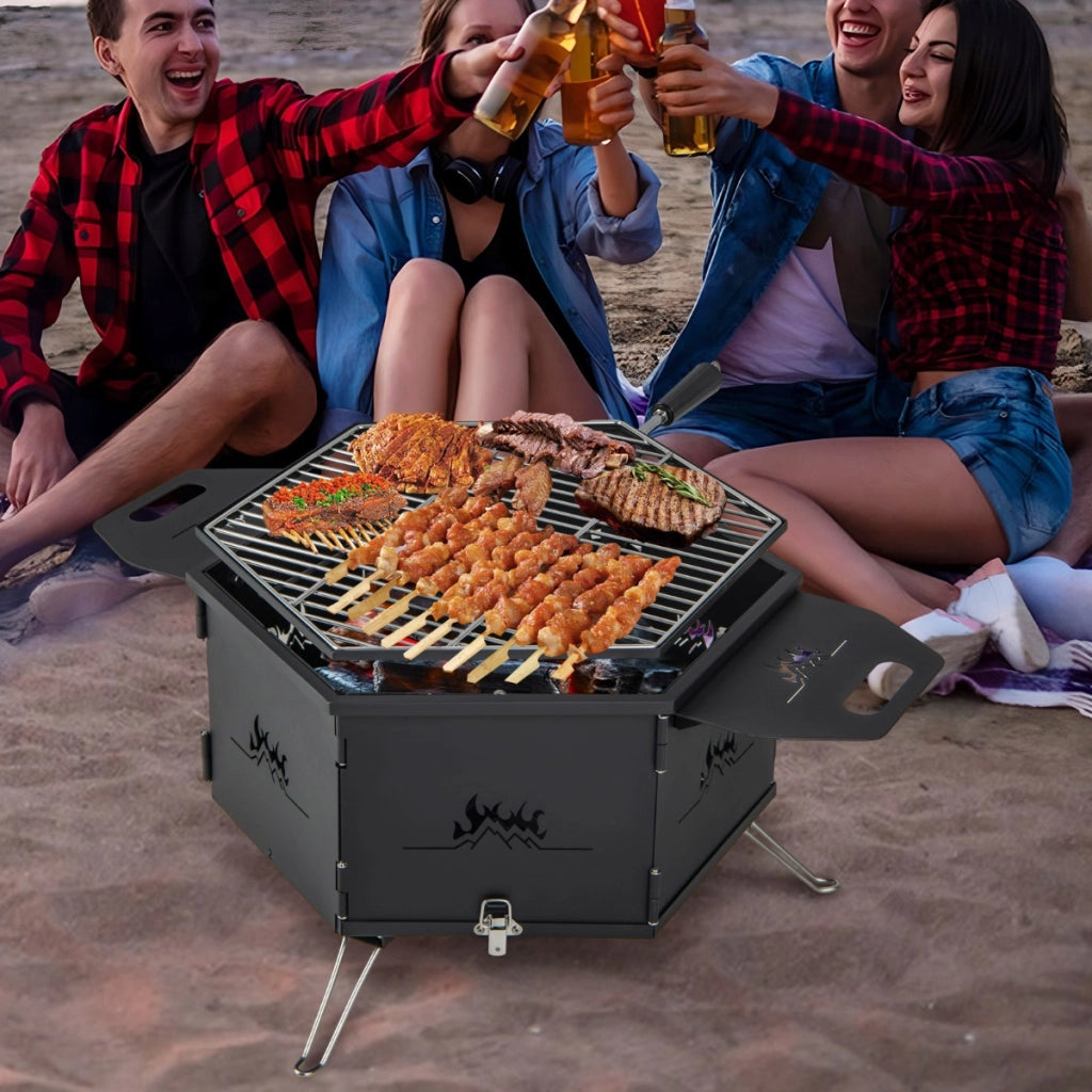 Barbecue a carbone portatile con griglia girevole a 360¡ãcorpo e gambe pieghevoli, Grill hibachi da esterno 77x74x38cm-Accessori per barbecue