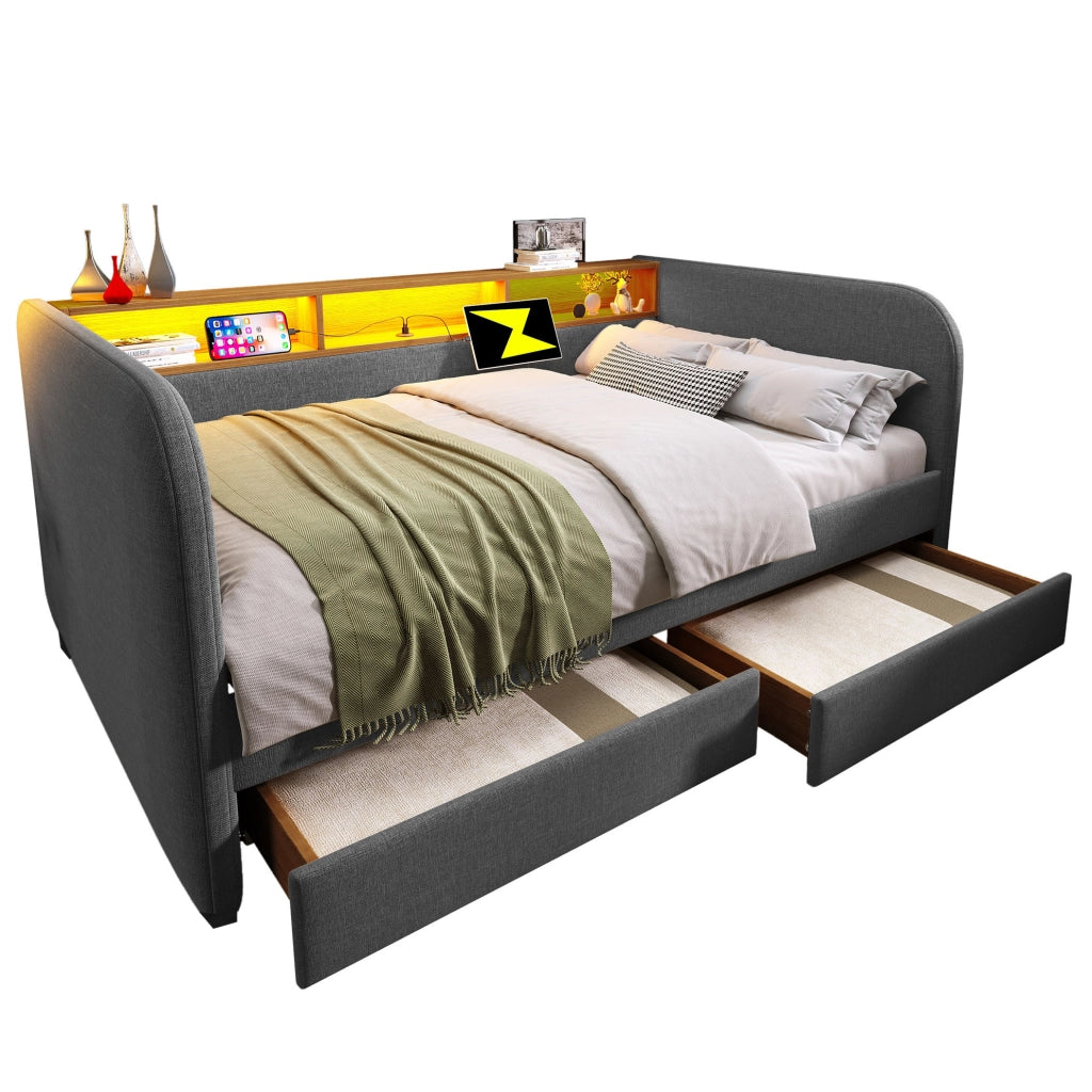 Letto imbottito 140x190 cm con LED; USB C; 2 cassetti e testiera contenitore; lino grigio