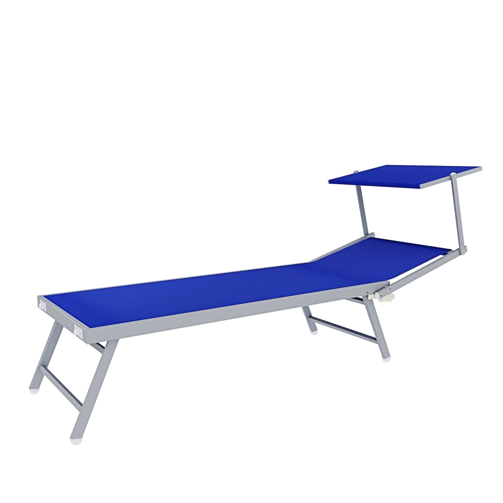 Lettino Sdraio Prendisole Professionale Richiudibile In Alluminio E Textilene con Tettino Parasole Orientabile Lettino Relax Mare Spiaggia Piscina Giardino Solarium 182 x 60 x 38 Cm Blu