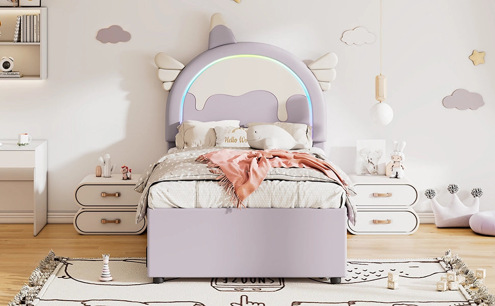DESMIU Letto per bambini Letto estraibile 90 × 200 cm 1 posto con cassetto, senza materasso, in PU e MDF, viola