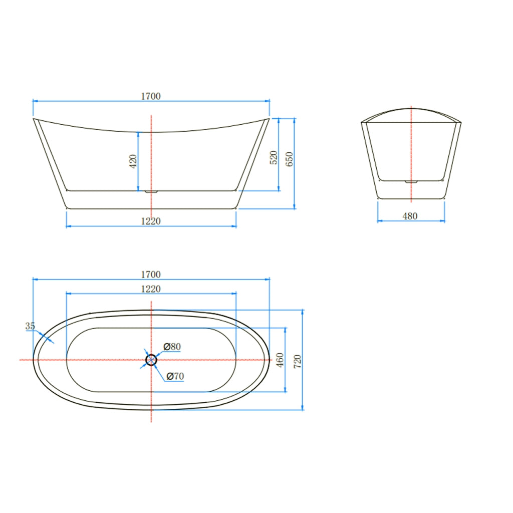 Vasca da Bagno a Isola 170x72x65 cm Vasca da Bagno Freestanding in Acrilico Bianco Barca Ovale