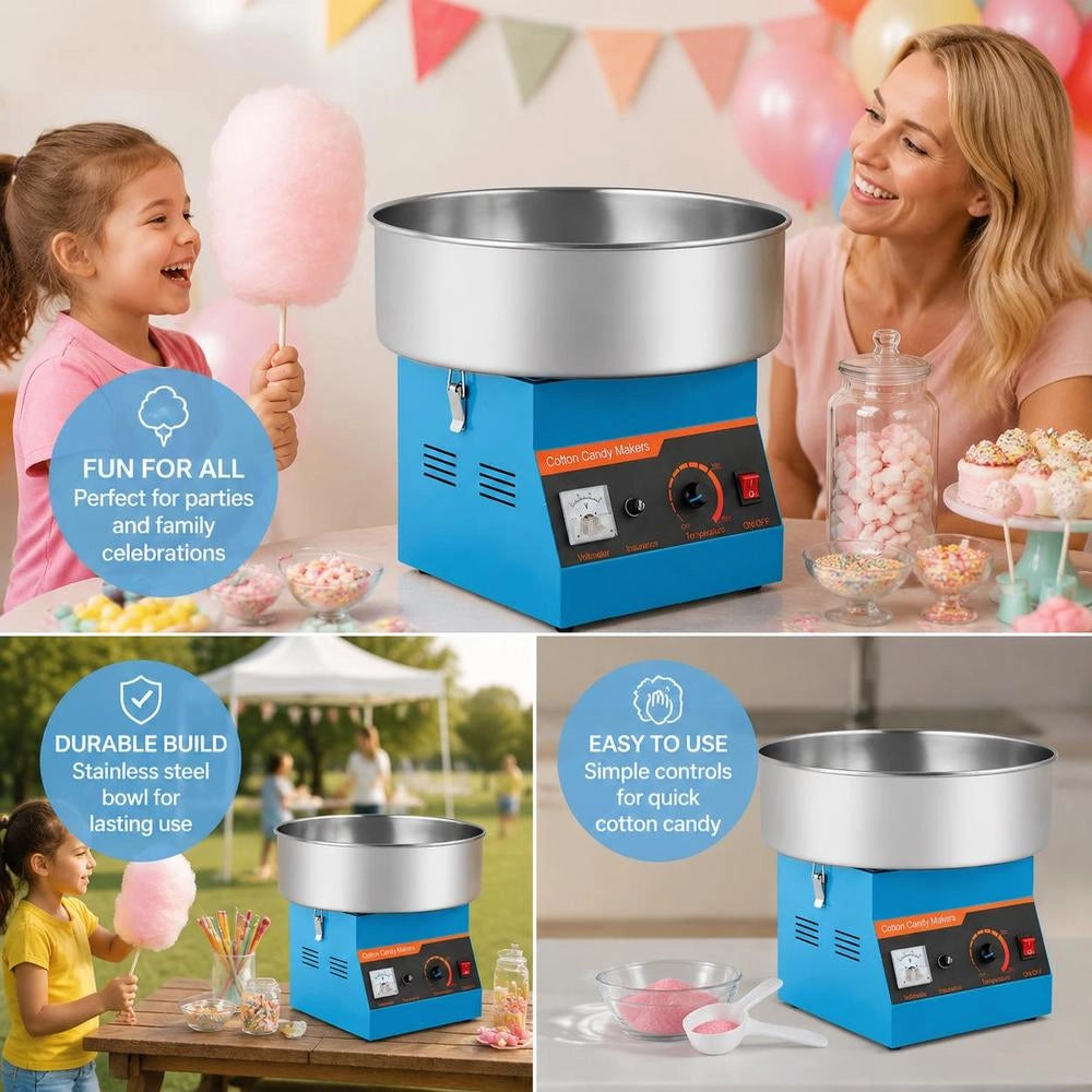 1000W Electric Cotton Candy Machine With 38cm Stainless Steel Bowl & Sugar Spoon, Makes Cotton Candy For Birthdays And Family Parties At Home, Blue Cotton Candy Maker