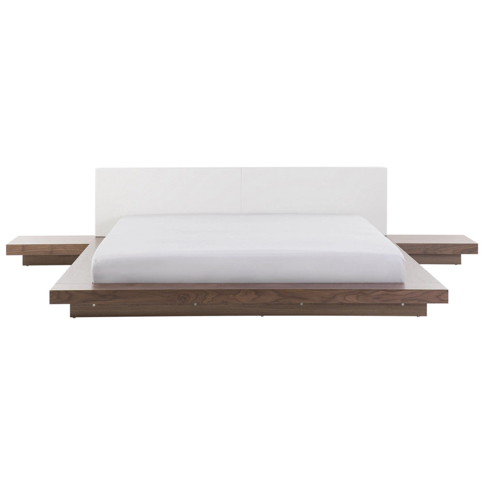 Letto ad acqua in stile giapponese in legno di frassino marrone 180 x 200 cm Testata in legno MDF testata in pelliccia sintetica